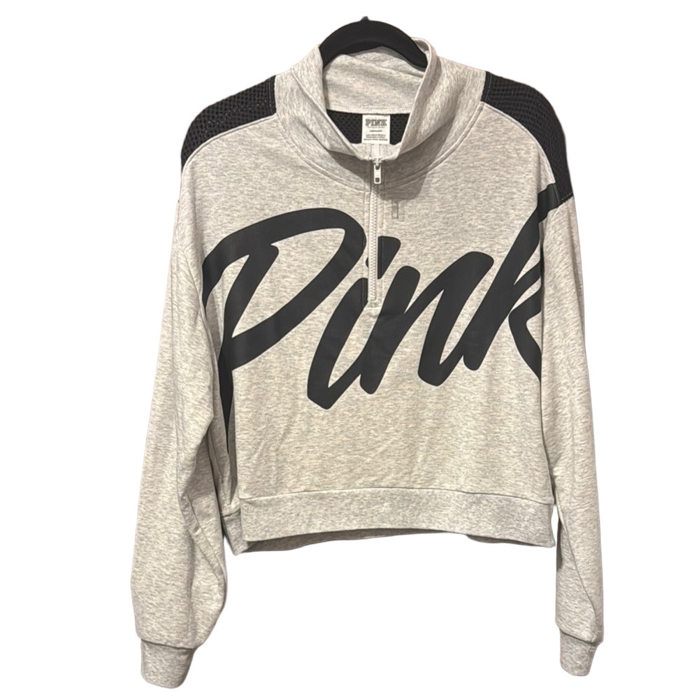 PINK Victoria's Secret Gray Boxy Short Waisted Sweatshirt Mesh Backing Size L - Picture 2 of 5